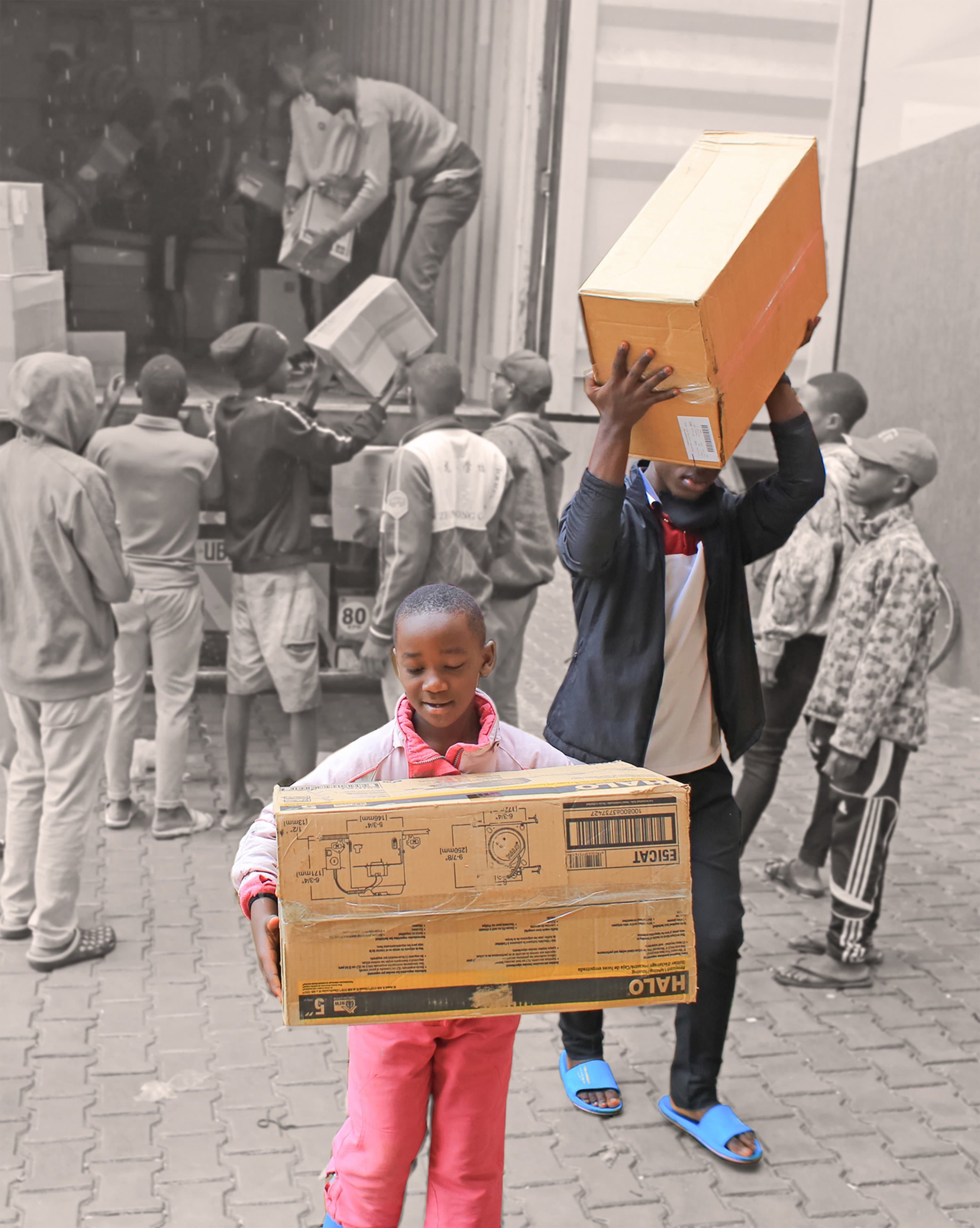 An illustration of items donors provide: a book, a first aid kit, clothing, and canned food.